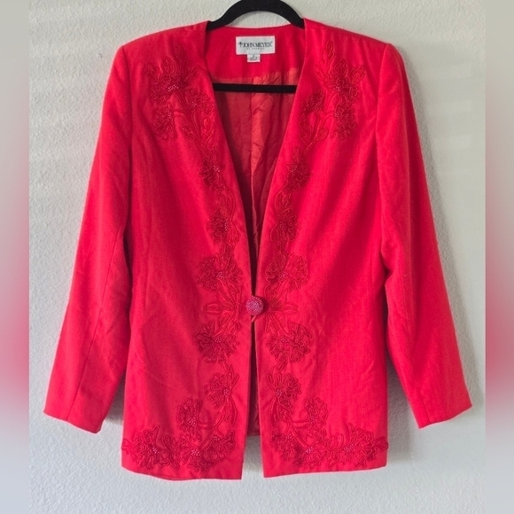 John Meyer Jacket Women Sz 10 Pink Long Sleeve One Button Embroidered Collarless - Picture 1 of 15